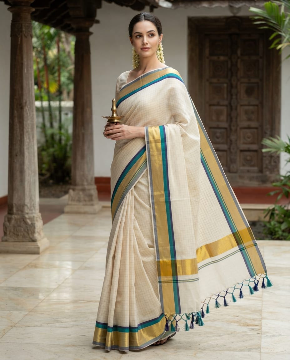 Kerala Set Saree - Model wearing off-white cotton saree with gold and teal border