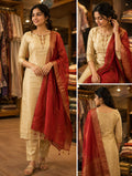 Tissue Silk 3-Piece Set - Gold Kurta with Red Banarasi Dupatta