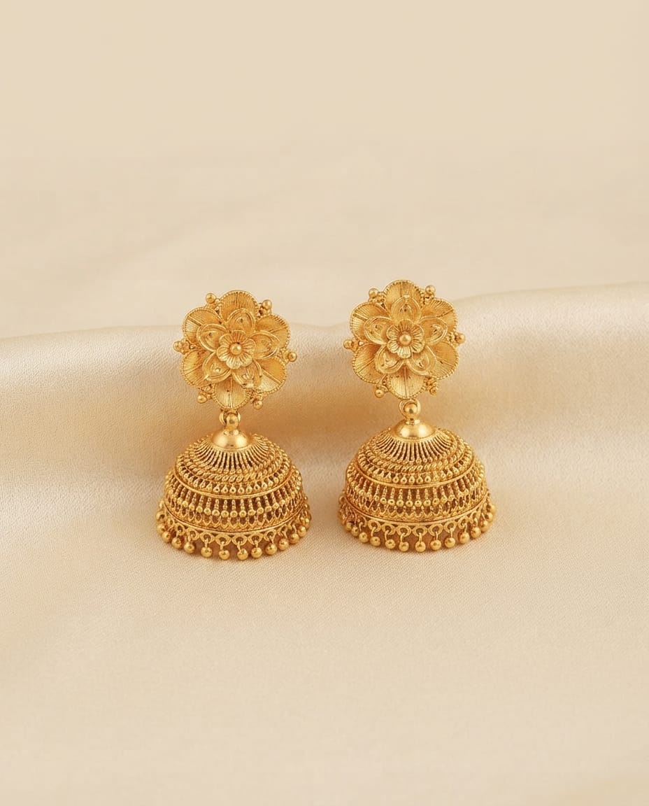 Gold Flower Jhumka Earrings