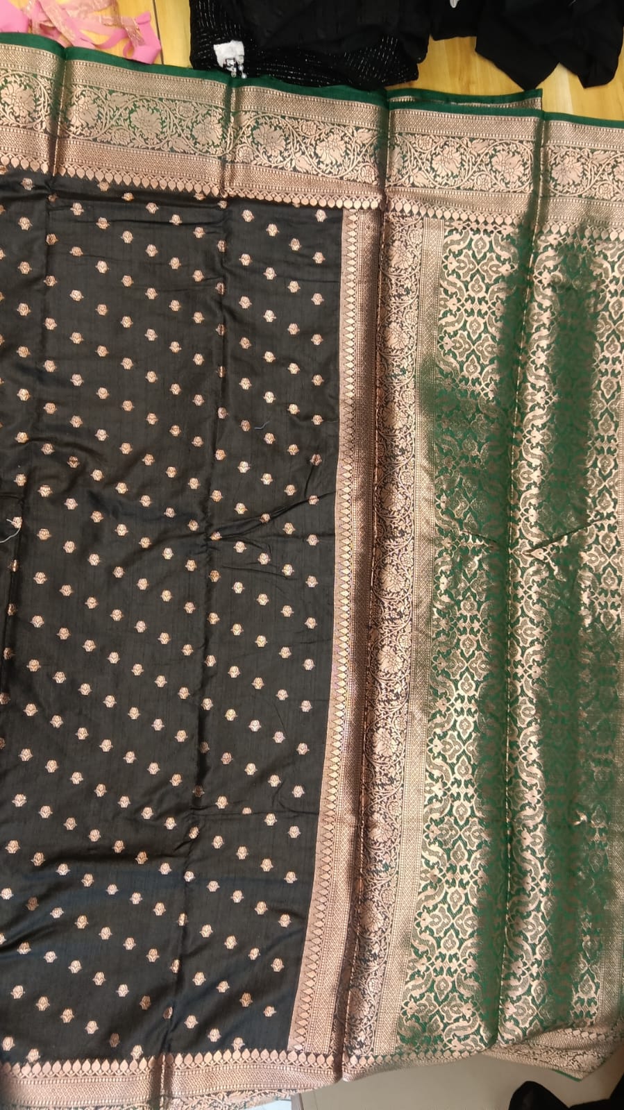 Black Banarasi Silk Saree - Close up of Zari Work and Green Border