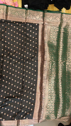 Black Banarasi Silk Saree - Close up of Zari Work and Green Border