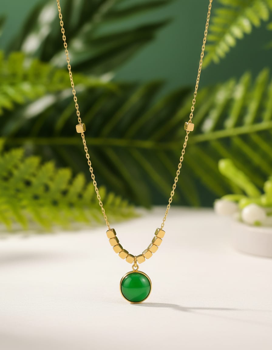 Anti-Tarnish chain-Emerald Green Stone Necklace with Cube Bead Detail