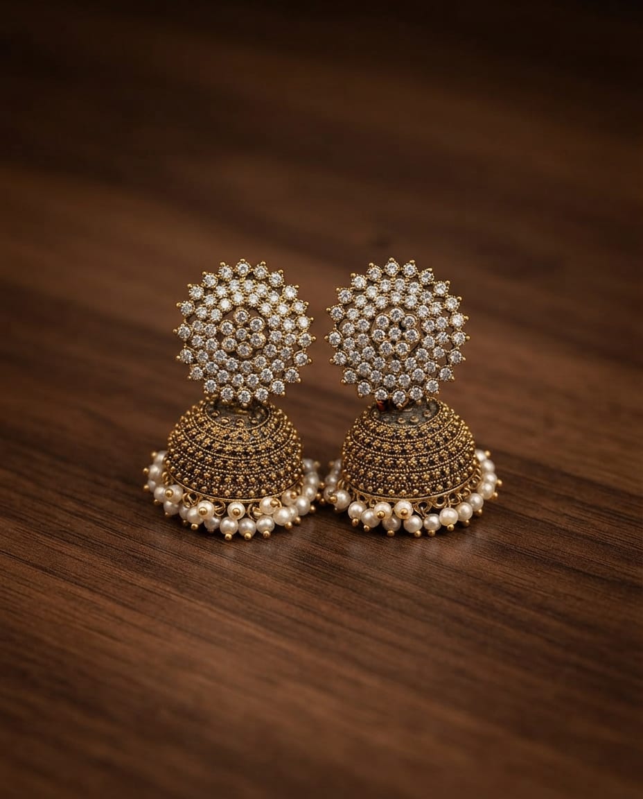 CZ Diamond Jhumka Earrings with Pearl Drop