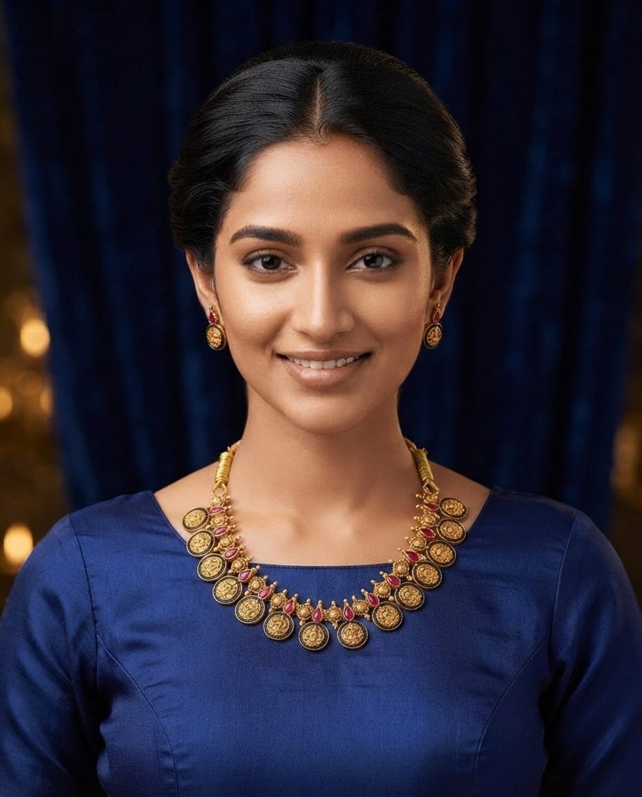 Temple coin necklace and earring set worn by model in blue kurta