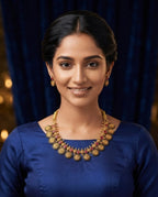 Temple coin necklace and earring set worn by model in blue kurta