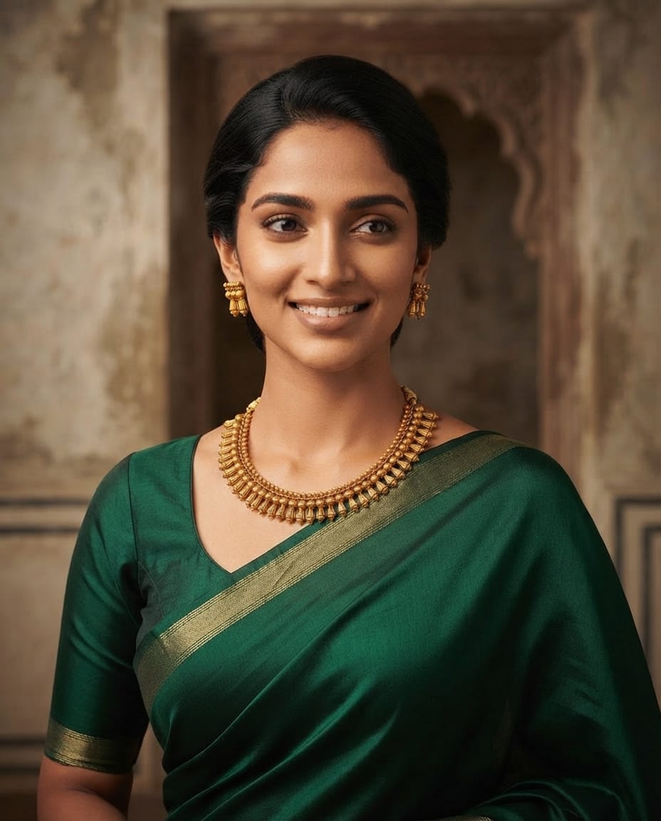 Model wearing antique gold necklace and earrings with green saree