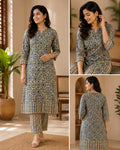 Ajrakh Print Tissue Cod Set - Blue and Beige Floral Block Print