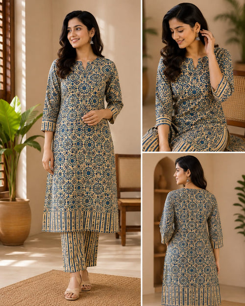 Ajrakh Print Tissue Cod Set - Blue and Beige Floral Block Print