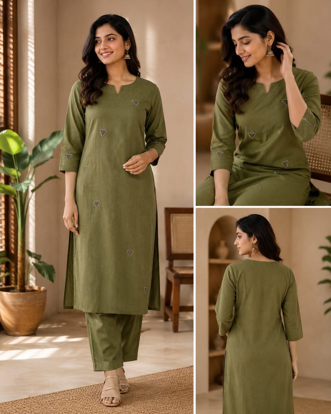 Vatican Silk Coord Set - Olive green kurti and pant set with triangle embroidery
