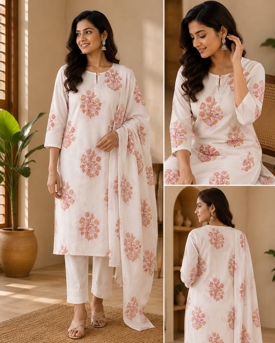 White Floral Tissue Kurta Set - Model View