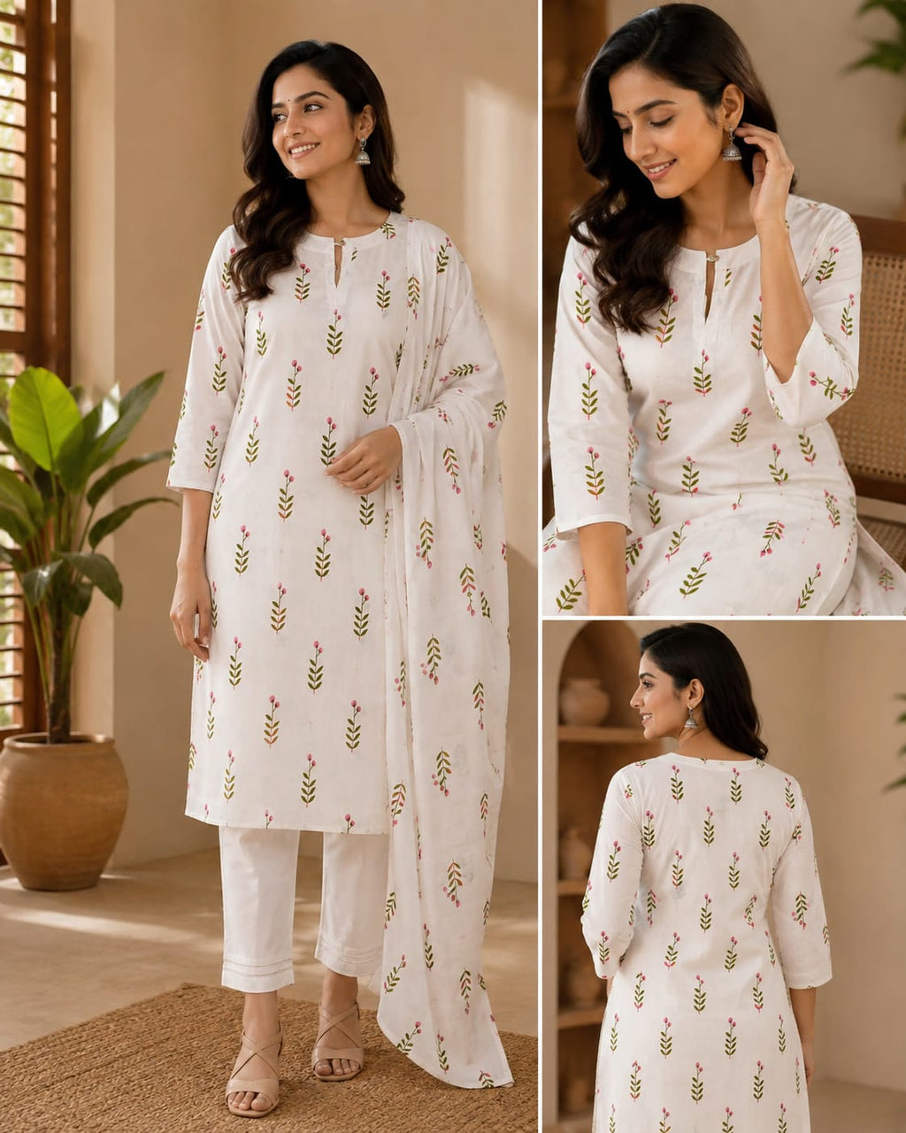 White Floral Vine Tissue Kurta Set - Model View