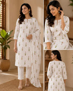 White Floral Vine Tissue Kurta Set - Model View