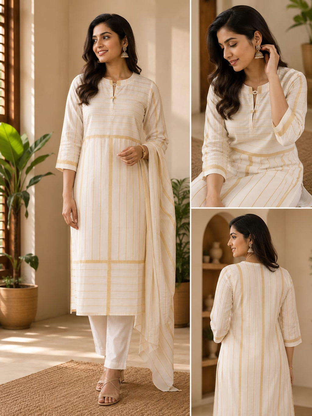 Cream Gold Stripe Tissue Kurta Set - Model View