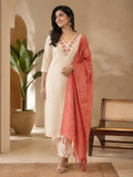 Tissue 3 Piece Set - Model wearing cream kurti with coral dupatta