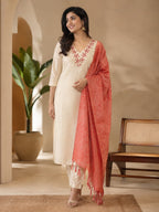 Tissue 3 Piece Set - Model wearing cream kurti with coral dupatta