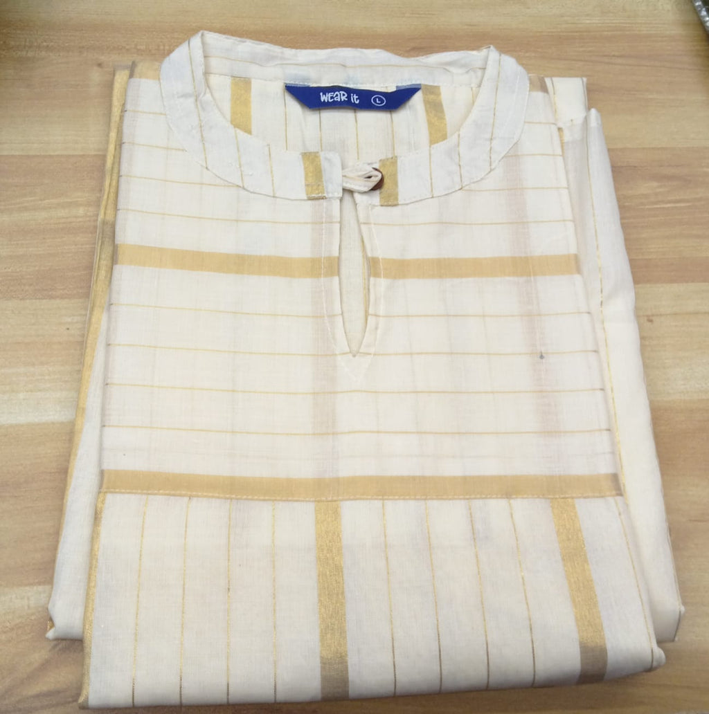 Cream Gold Stripe Tissue Kurta Set - Product View
