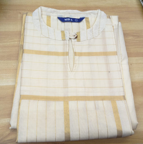 Cream Gold Stripe Tissue Kurta Set - Product View