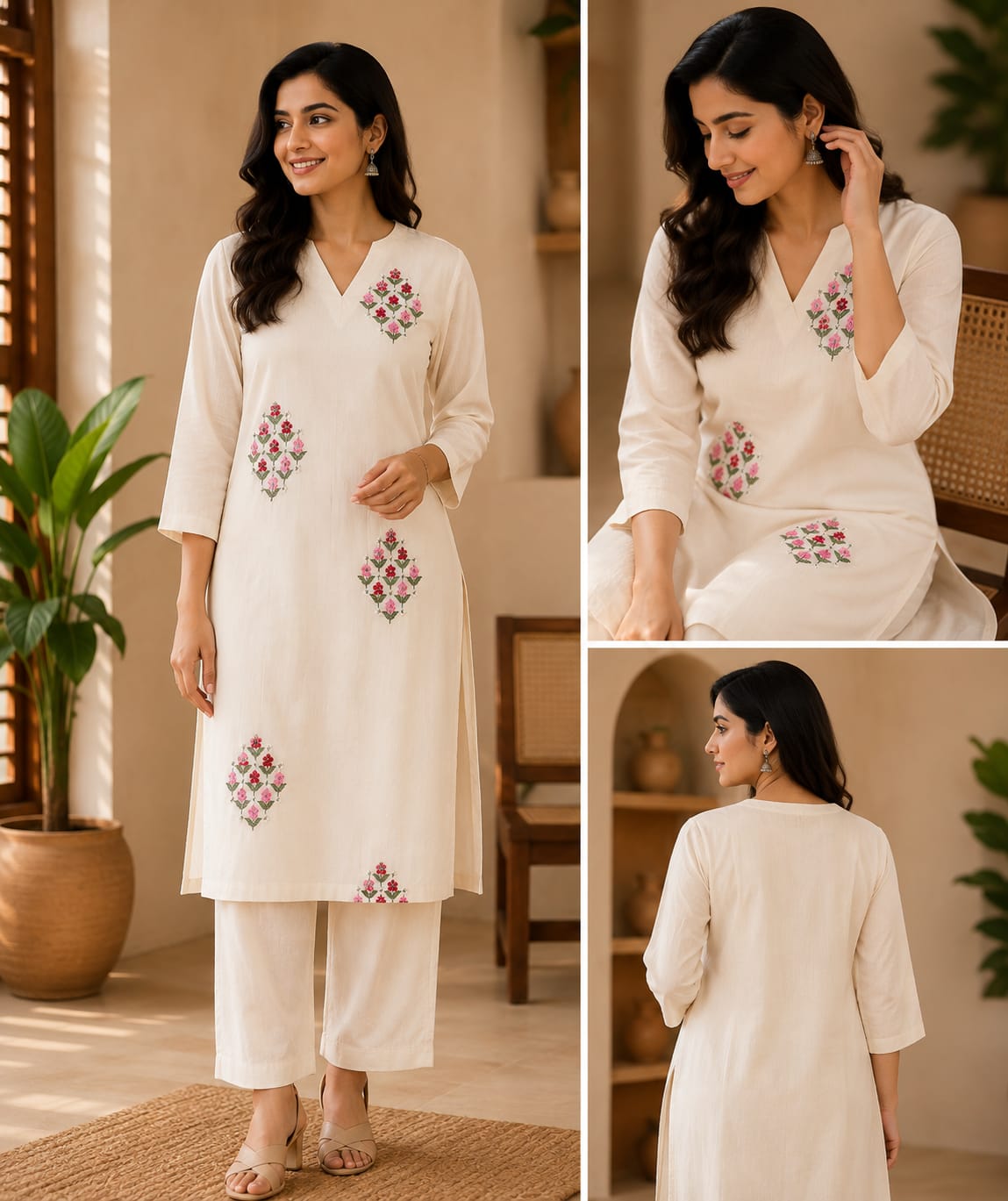 Mal Chanderi Kurta Set - Off White with Floral Embroidery